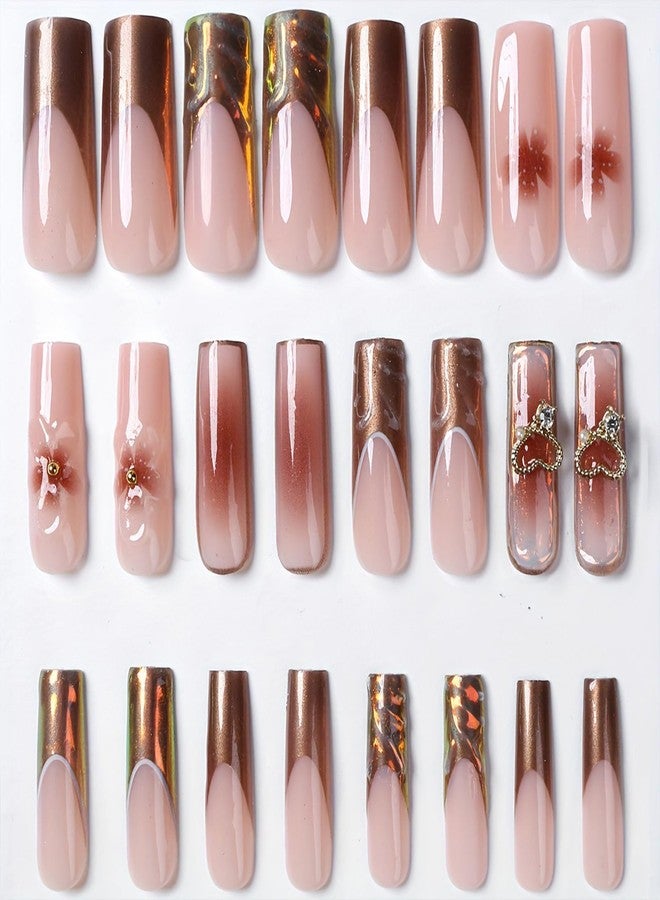 SINHOT Press on Nails - Long Square Fake Nails, Glossy Finish, 3D Flowers & Chrome Heart, DIY Artificial False Nail Art - 24 Pcs Nail Kit with Glue - Image 2